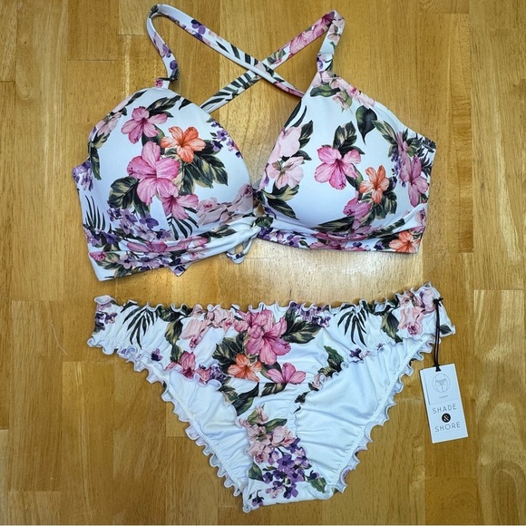 NWT Shade & Shore Tropical Floral Print White and Pink Bikini Set - Picture 8 of 8